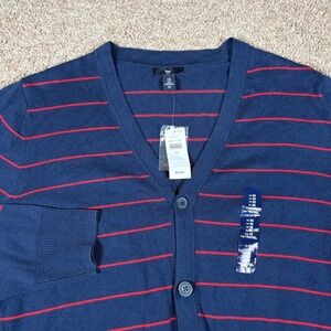 GAP Mens Cardigan Sweater Medium M Blue Red Striped V Neck Button Front Pockets